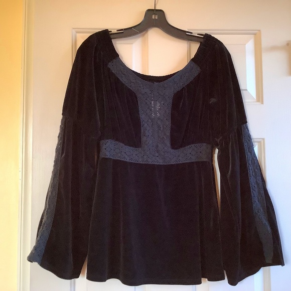 INC International Concepts Tops - I.N.C Velvet Crochet Bell Sleeve Top Black SZ L